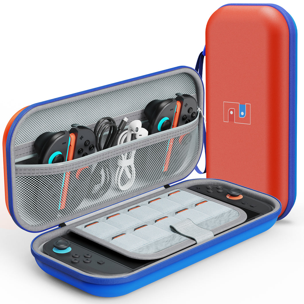 MEKO Tasche für Nintendo Switch 2 (2025) – Wasserabweisende PU-Ledertasche Switch-Schutzhülle mit 10 Spielkarten-Fächern, stoßfestem Eva-Innenfutter & Vollschutz-Design (Rot und Blau)